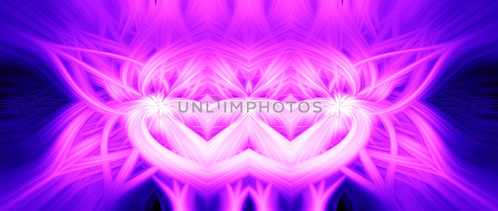 Beautiful abstract intertwined 3d fibers forming a shape of sparkle, flame, flower, interlinked hearts. Pink, blue, and purple colors. Illustration. Banner and panorama size