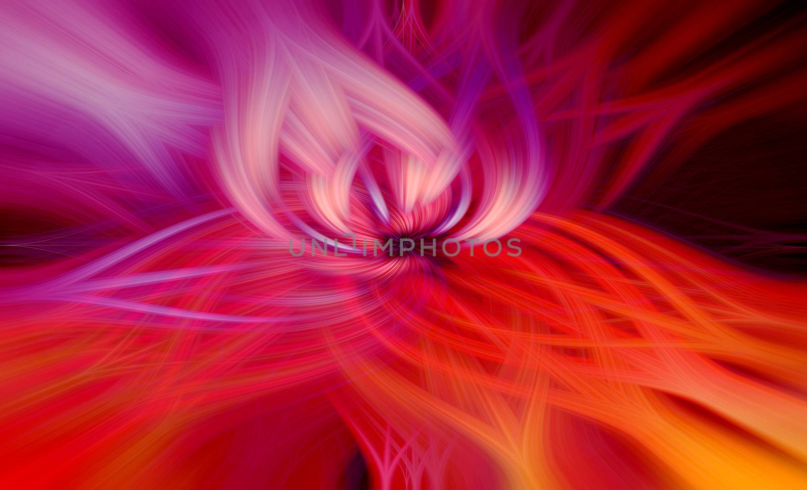 Beautiful abstract intertwined 3d fibers forming a shape of sparkle, flame, flower, interlinked hearts. Pink, blue, maroon, orange, and purple colors. Illustration.
