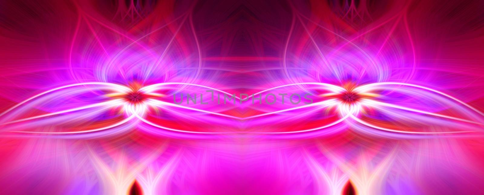 Beautiful abstract intertwined 3d fibers forming a shape of sparkle, flame, flower, interlinked hearts. Pink, blue, maroon, orange, and purple colors. Illustration. Banner and panorama size