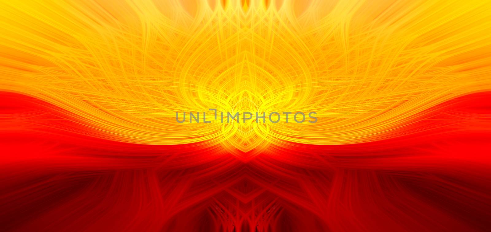 Beautiful abstract intertwined 3d fibers forming a shape of sparkle, flame, flower, interlinked hearts or magical creature. Yellow and red colors. Illustration.
