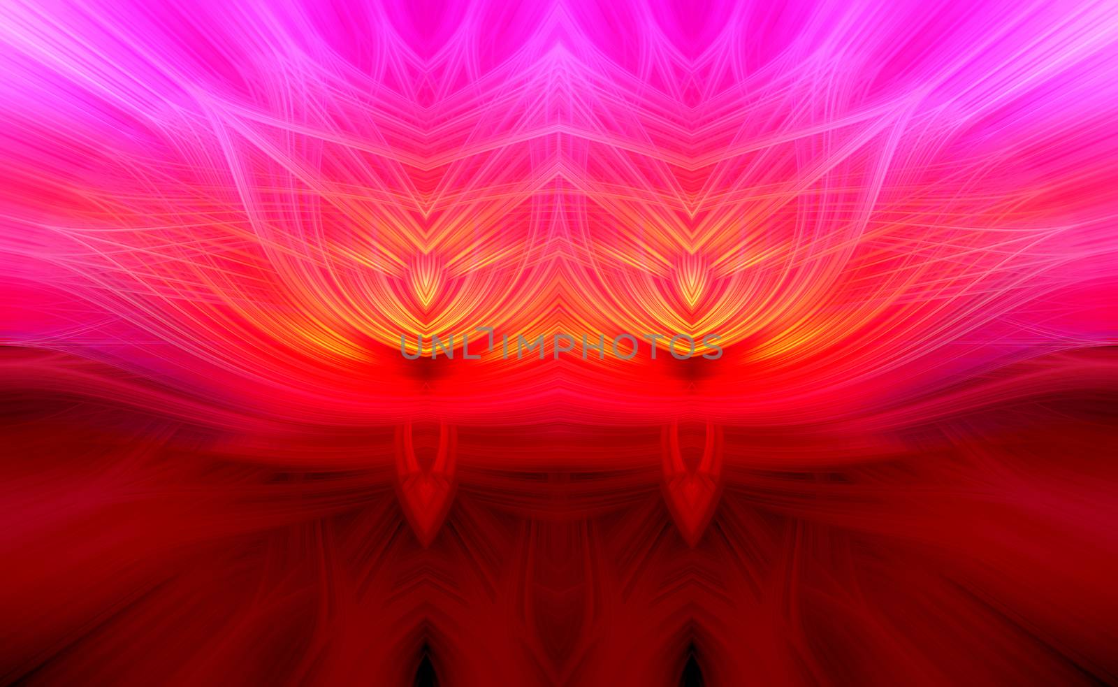 Beautiful abstract intertwined 3d fibers forming a shape of sparkle, flame, flower or magical creature. Pink, red, maroon, orange, and purple colors. Illustration.