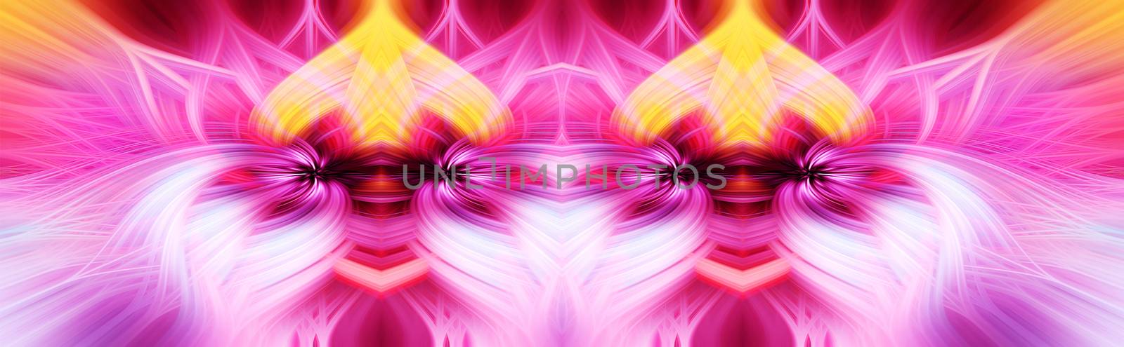 Beautiful abstract intertwined 3d fibers forming a shape of sparkle, flame, flower, interlinked hearts. Pink, maroon, orange, and purple colors. Illustration. Banner and panorama size