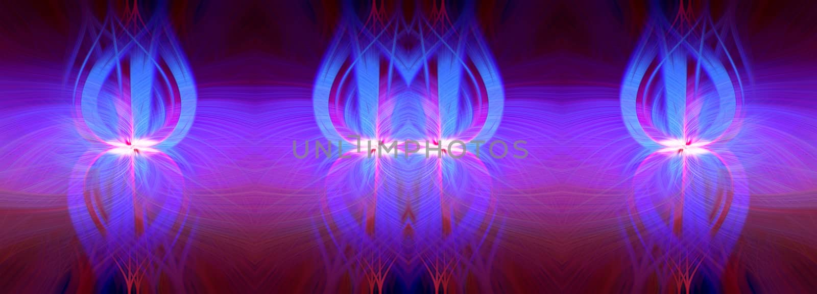 Beautiful abstract intertwined 3d fibers forming a shape of sparkle, flame, flower, interlinked hearts. Pink, blue, maroon, and purple colors. Illustration. Banner and panorama size