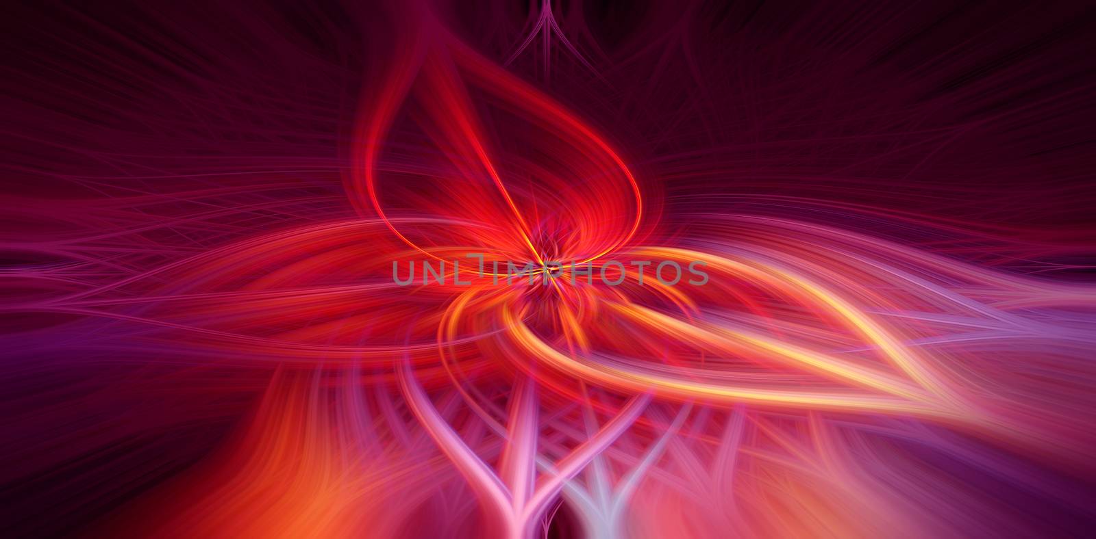 Beautiful abstract intertwined 3d fibers forming a shape of sparkle, flame, flower, interlinked hearts. Pink, red, maroon, orange, and purple colors. Illustration.