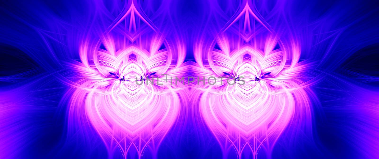 Beautiful abstract intertwined 3d fibers forming a shape of sparkle, flame, flower, interlinked hearts. Spider looking creature in the middle. Pink, blue, and purple colors. Illustration. Banner size