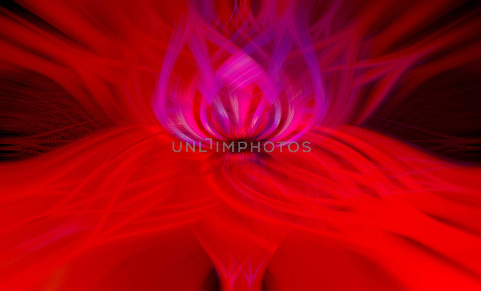 Beautiful abstract intertwined symmetrical 3d fibers forming a shape of sparkle, flame, flower, interlinked hearts. Blue, maroon, red, and purple colors. Illustration.
