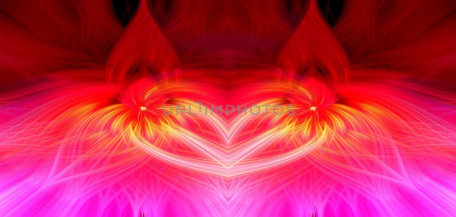 Beautiful abstract intertwined symmetrical 3d fibers forming a shape of sparkle, flame, flower, interlinked hearts. Pink, maroon, orange, and purple colors. Illustration.