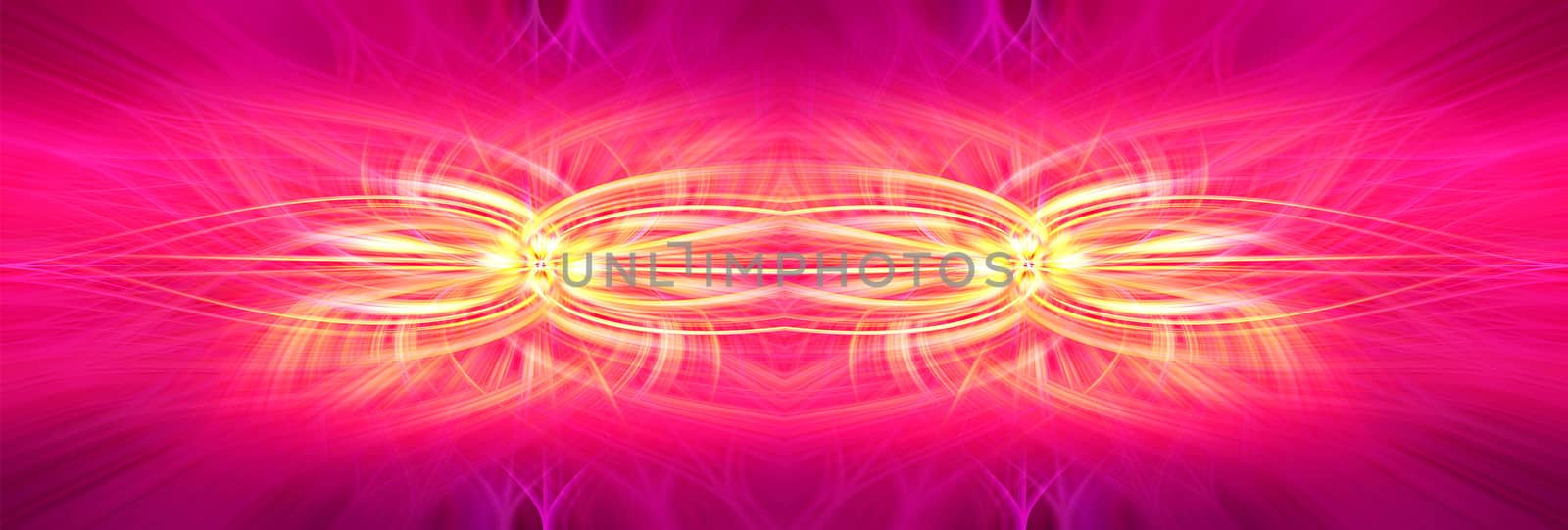 Beautiful abstract intertwined symmetrical 3d fibers forming a shape of sparkle, flame, flower, interlinked hearts. Pink, maroon, yellow, and purple colors. Illustration. Banner and panorama size