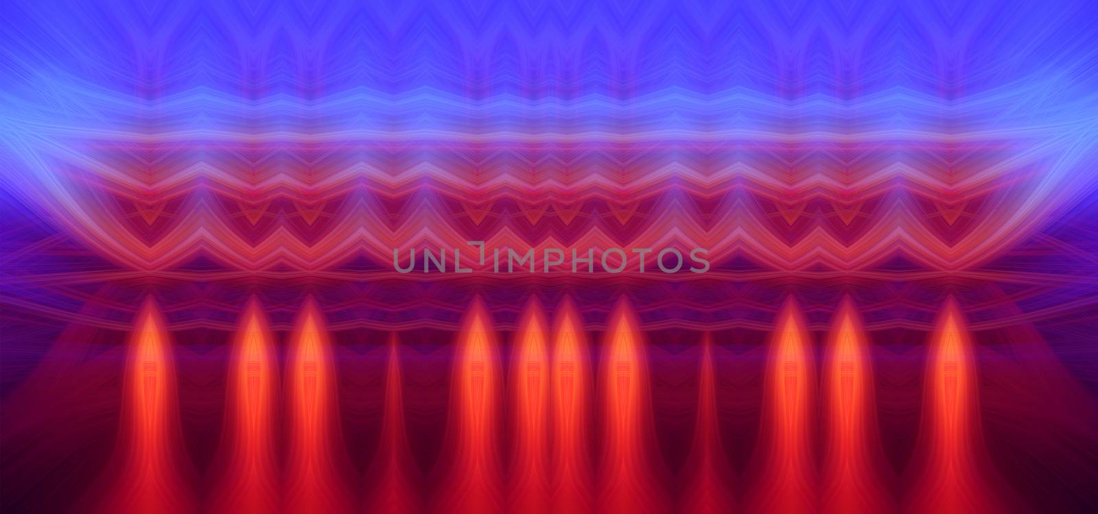 Beautiful abstract intertwined symmetrical 3d fibers forming a shape of sparkle, flame, flower, rods. Pink, blue, maroon, orange, and purple colors. Illustration. Banner and panorama size
