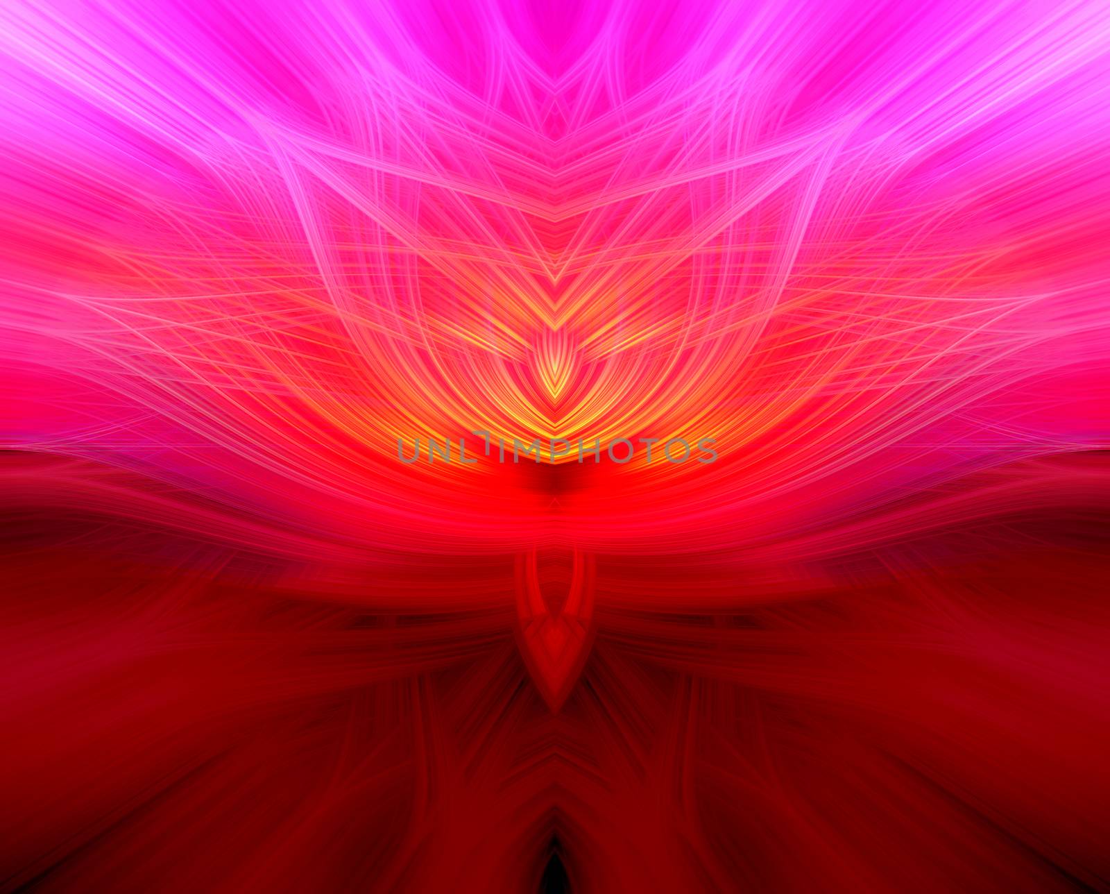 Beautiful abstract intertwined symmetrical 3d fibers forming a shape of sparkle, flame, flower, interlinked hearts. Pink, maroon, orange, and purple colors. Illustration.