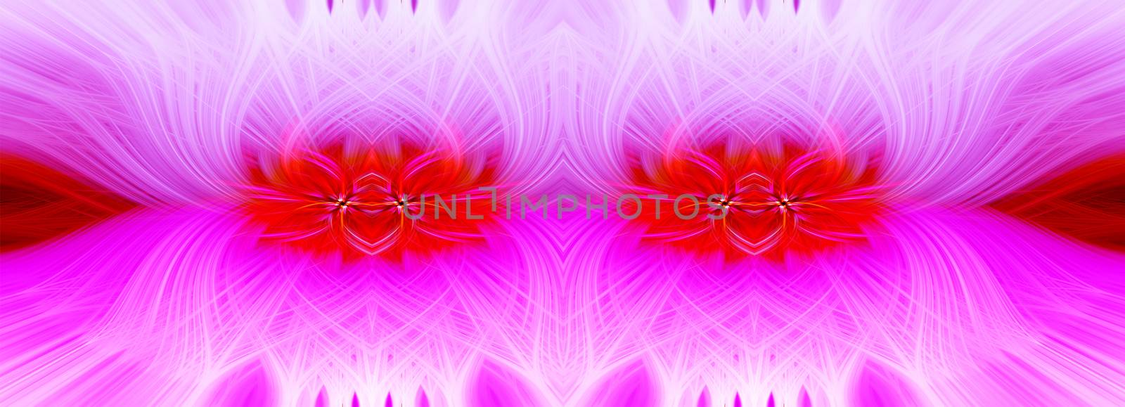 Beautiful abstract intertwined symmetrical 3d fibers forming a shape of sparkle, flame, flower, interlinked hearts. Pink, red, and purple colors. Illustration. Banner and panorama size