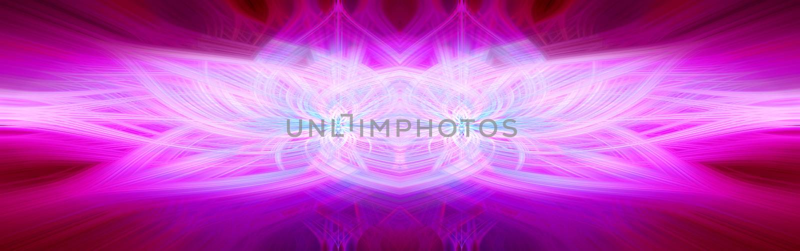 Beautiful abstract intertwined symmetrical 3d fibers forming a shape of sparkle, flame, flower, interlinked hearts. Pink, blue, maroon, and purple colors. Illustration. Banner and panorama size.