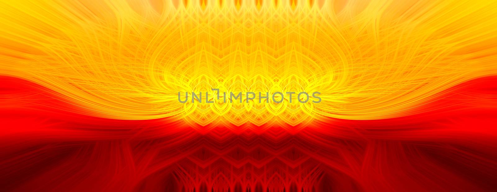 Beautiful abstract intertwined symmetrical 3d fibers forming a shape of sparkle, flame, flower, interlinked hearts. Red and yellow colors. Illustration. Banner and panorama size.