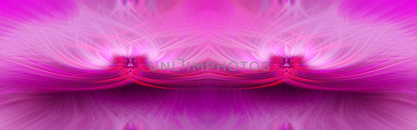 Beautiful abstract intertwined symmetrical 3d fibers forming a shape of sparkle, flame, flower, interlinked hearts. Pink, maroon, and purple colors. Illustration. Banner, panorama size.