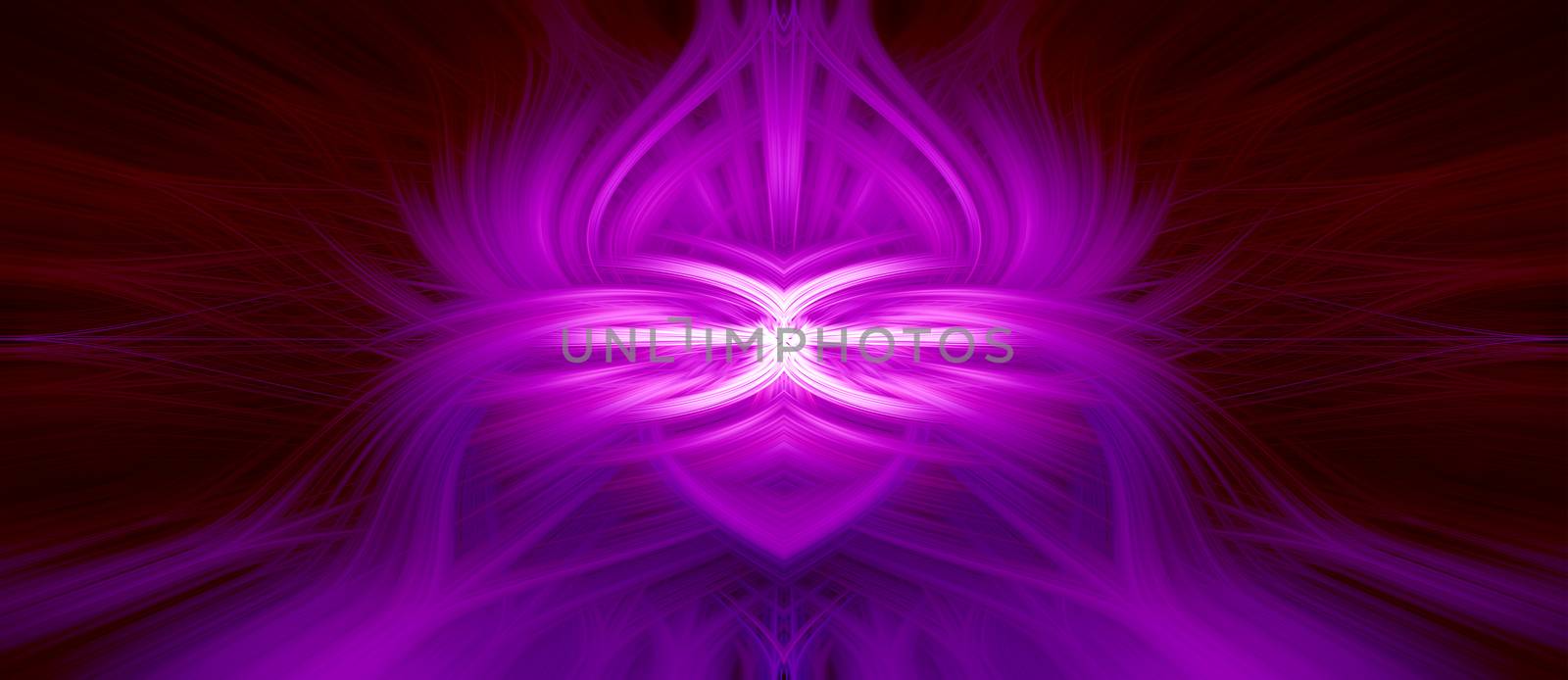 Beautiful abstract intertwined 3d fibers forming a shape of sparkle, flame, interlinked hearts and mysterious alien creature in the middle. Pink, blue, maroon, and purple colors. Illustration.