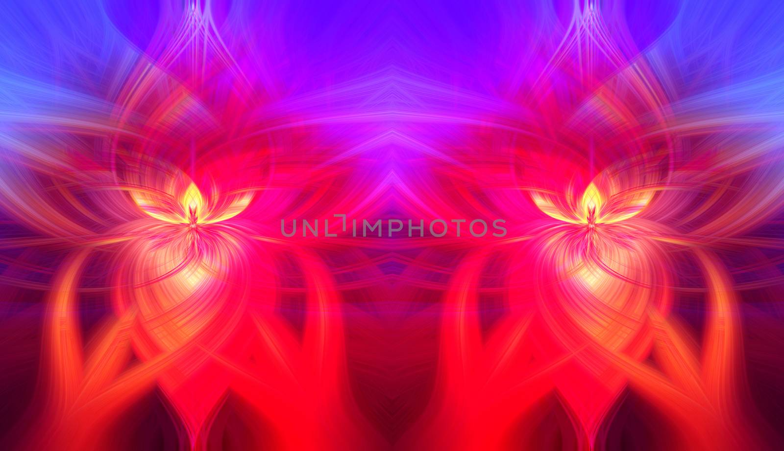Beautiful abstract intertwined symmetrical 3d fibers forming a shape of sparkle, flame, flower, interlinked hearts. Pink, red, blue, maroon, yellow, and purple colors. Illustration.
