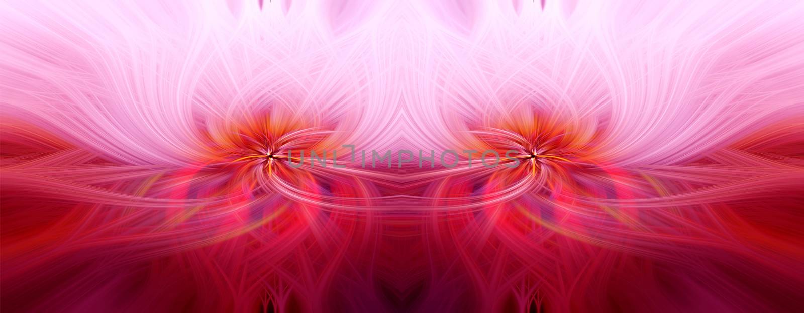 Beautiful abstract intertwined symmetrical 3d fibers forming a shape of sparkle, flame, flower, interlinked hearts. Pink, red, maroon, orange colors. Illustration. Banner and panorama size