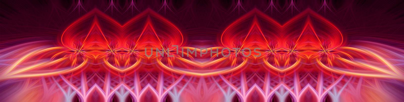 Beautiful abstract intertwined symmetrical 3d fibers forming a shape of sparkle, flame, flower, interlinked hearts. Pink, maroon, orange, and purple colors. Illustration. Banner and panorama size.