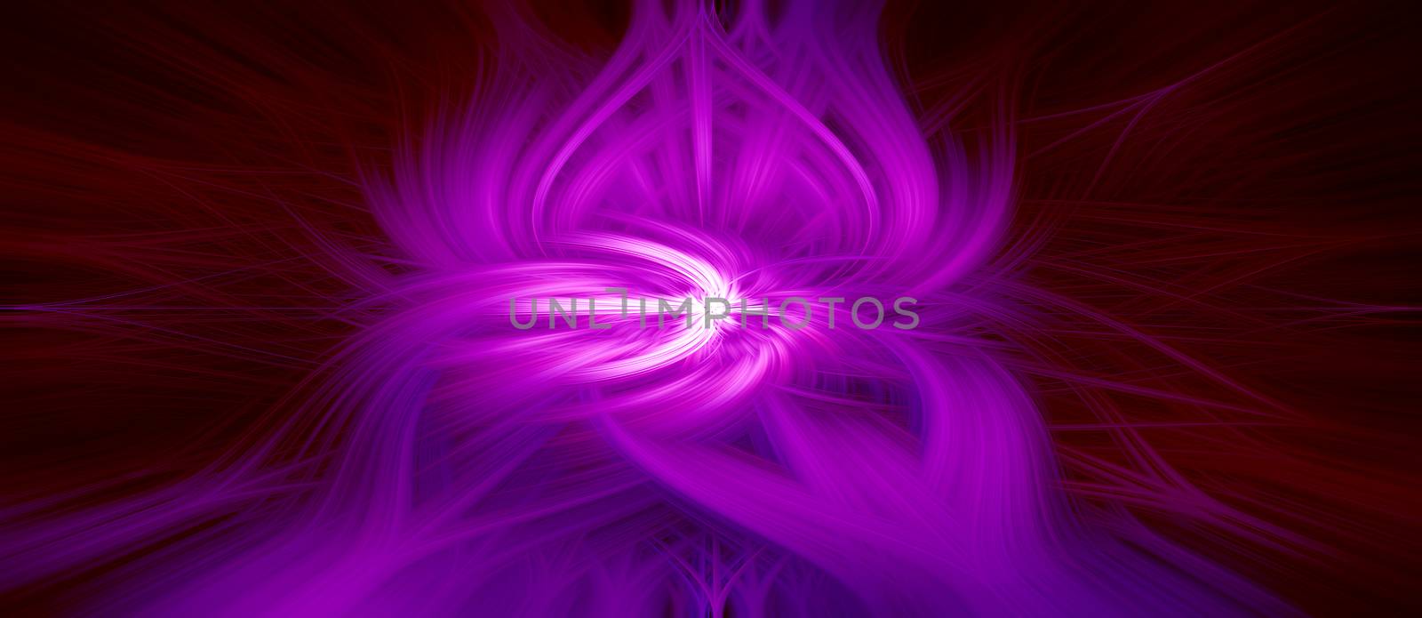 Beautiful abstract intertwined symmetrical 3d fibers forming a shape of sparkle, flame, flower, interlinked hearts. Maroon, white, and purple colors. Illustration.