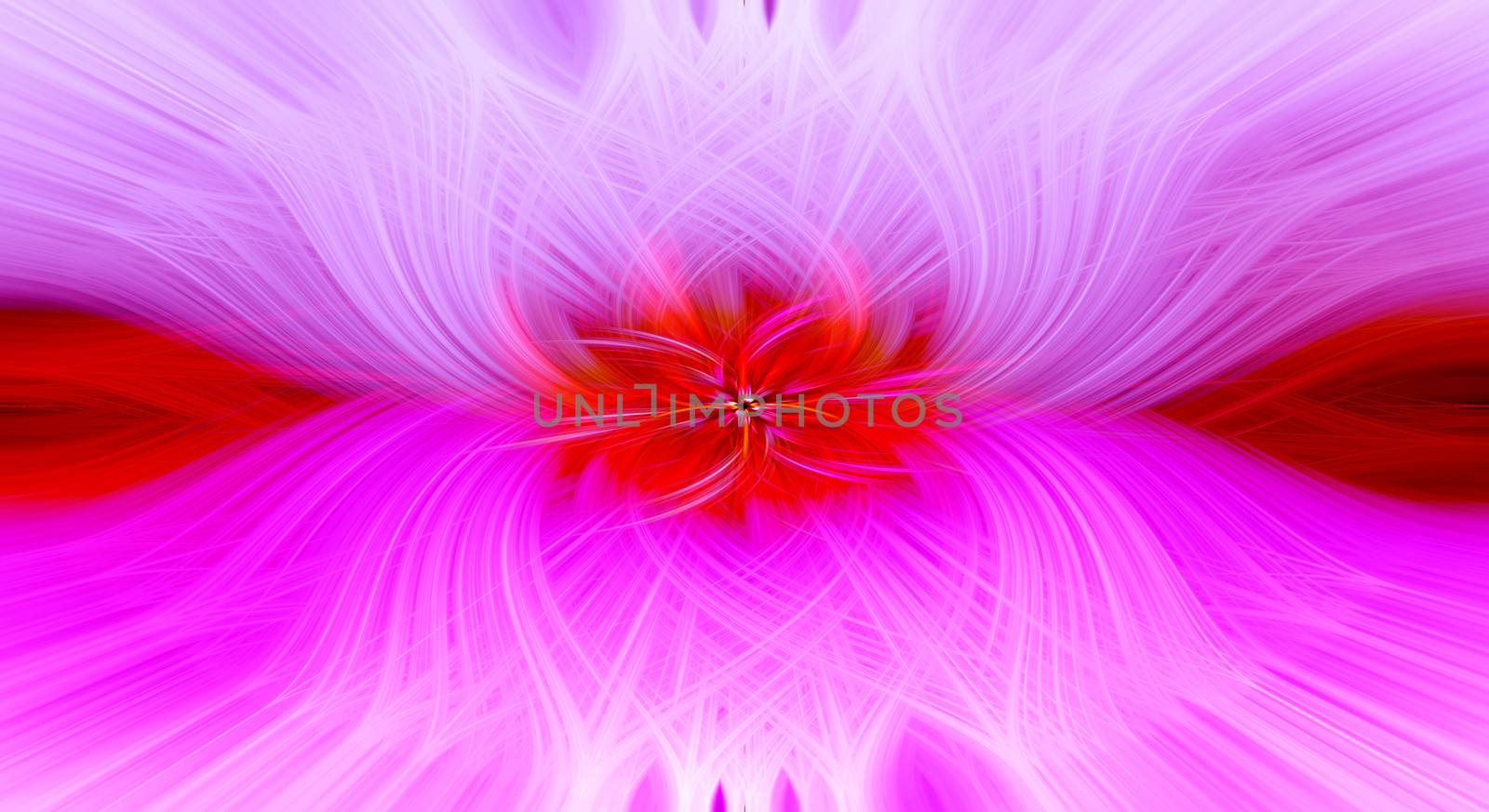 Beautiful abstract intertwined symmetrical 3d fibers forming a shape of sparkle, flame, flower, interlinked hearts. Pink, red, maroon, and purple colors. Illustration.