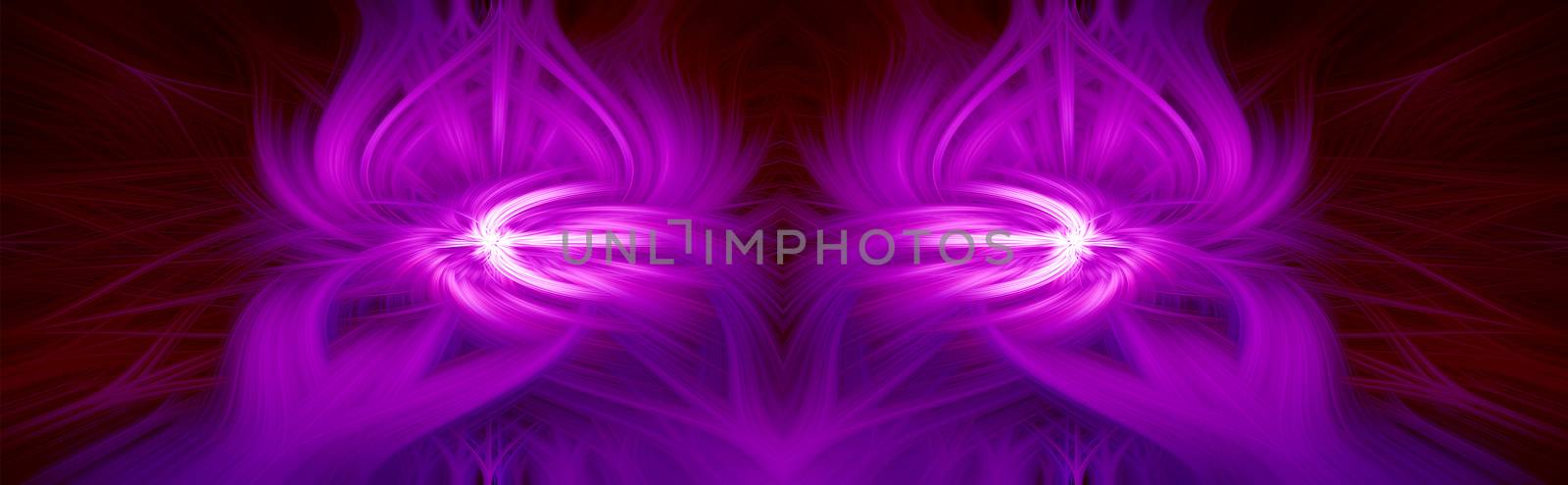 Beautiful abstract intertwined symmetrical 3d fibers forming a shape of sparkle, flame, flower, interlinked hearts. Maroon, white, and purple colors. Illustration. Banner, panorama size.