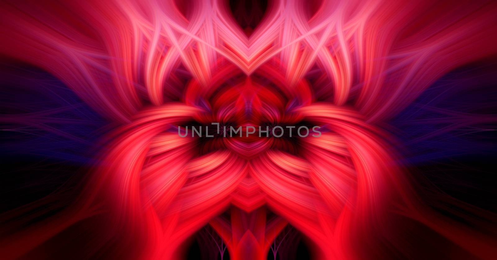 Beautiful abstract intertwined 3d fibers forming a shape of sparkle, flame, flower, interlinked hearts or alien creature looking like a spider. Red, blue, maroon, and purple colors. Illustration.