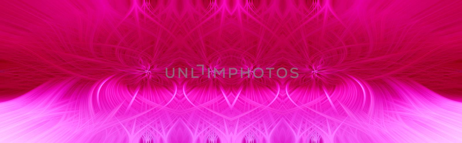 Beautiful abstract intertwined symmetrical 3d fibers forming a shape of sparkle, flame, flower, interlinked hearts. Pink, maroon, and purple colors. Illustration. Banner and panorama size