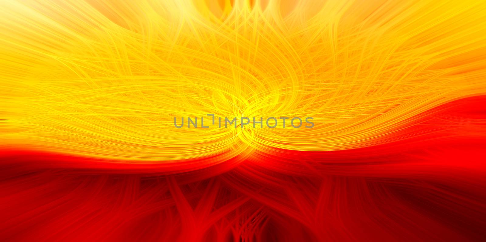 Beautiful abstract intertwined symmetrical 3d fibers forming a shape of sparkle, flame, flower, interlinked hearts. Maroon, red, yellow, and orange colors. Illustration. Banner and panorama size