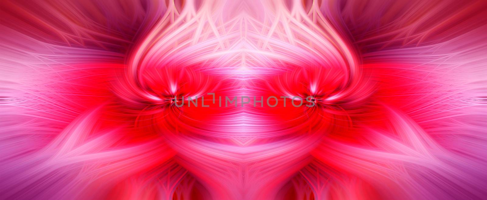 Beautiful abstract intertwined symmetrical 3d fibers forming a shape of sparkle, flame, flower, interlinked hearts, a star. Pink, maroon, red, and purple colors. Illustration. Banner, panorama size