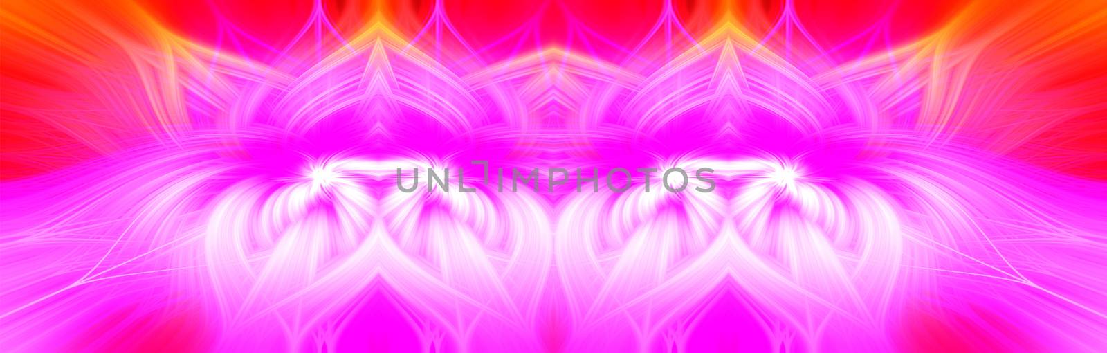 Beautiful abstract intertwined 3d fibers forming a shape of sparkle, flame, flower, interlinked hearts, creature looking like a dragon. Pink, yellow, red and purple colors. Illustration. Banner size