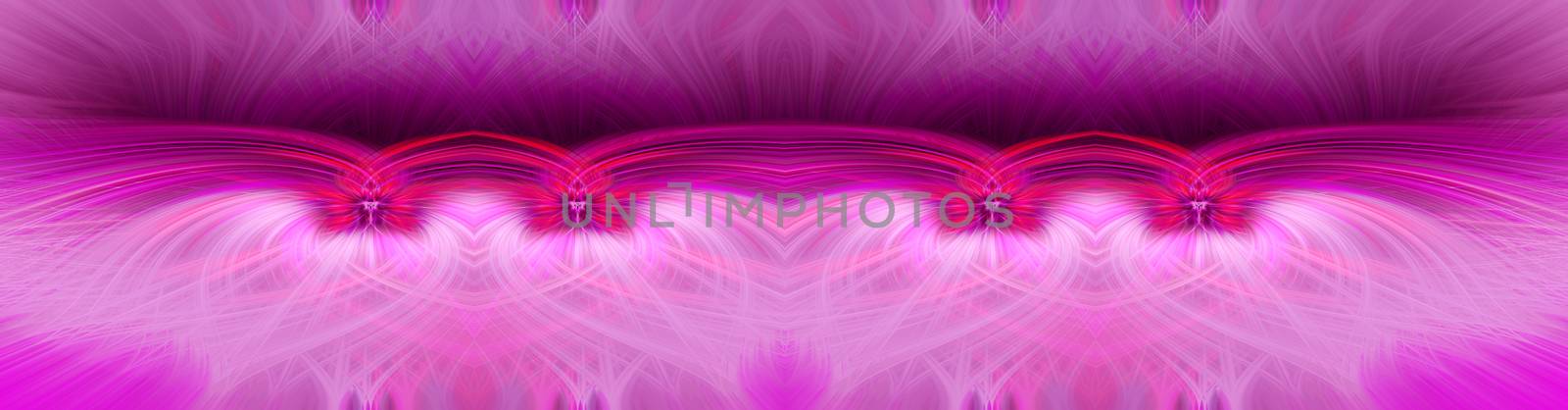 Beautiful abstract intertwined symmetrical 3d fibers forming a shape of sparkle, flame, flower, interlinked hearts. Pink, maroon, and purple colors. Illustration. Banner and panorama size