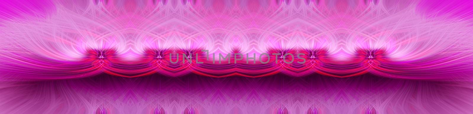 Beautiful abstract intertwined symmetrical 3d fibers forming a shape of sparkle, flame, flower, interlinked hearts. Pink, maroon, and purple colors. Illustration. Banner and panorama size.