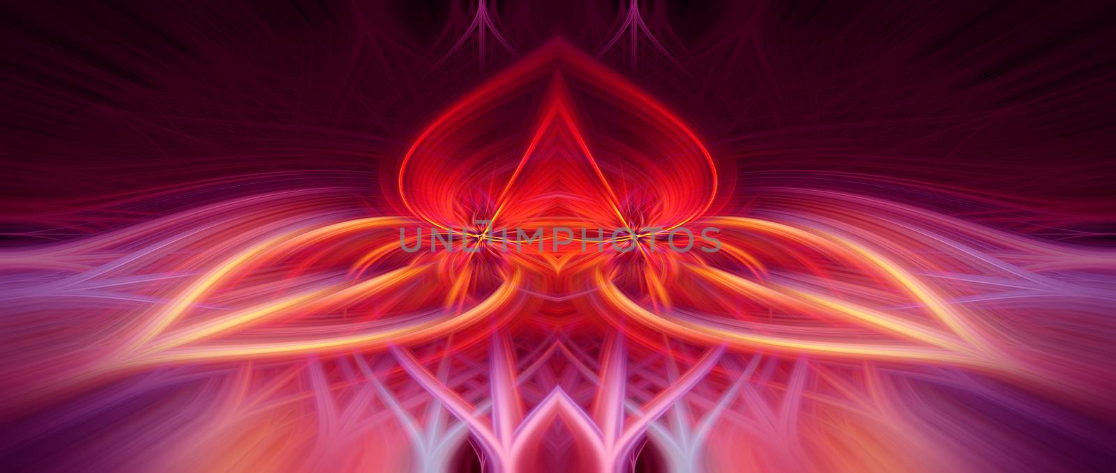 Beautiful abstract intertwined symmetrical 3d fibers forming a shape of sparkle, flame, flower, interlinked hearts, alien creature. Pink, red, maroon, orange, and purple colors. Illustration.