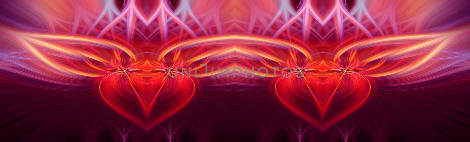 Beautiful abstract intertwined symmetrical 3d fibers forming a shape of a flower, interlinked hearts, alien creature. Pink, red, maroon, orange, and purple colors. Illustration. Banner, panorama size