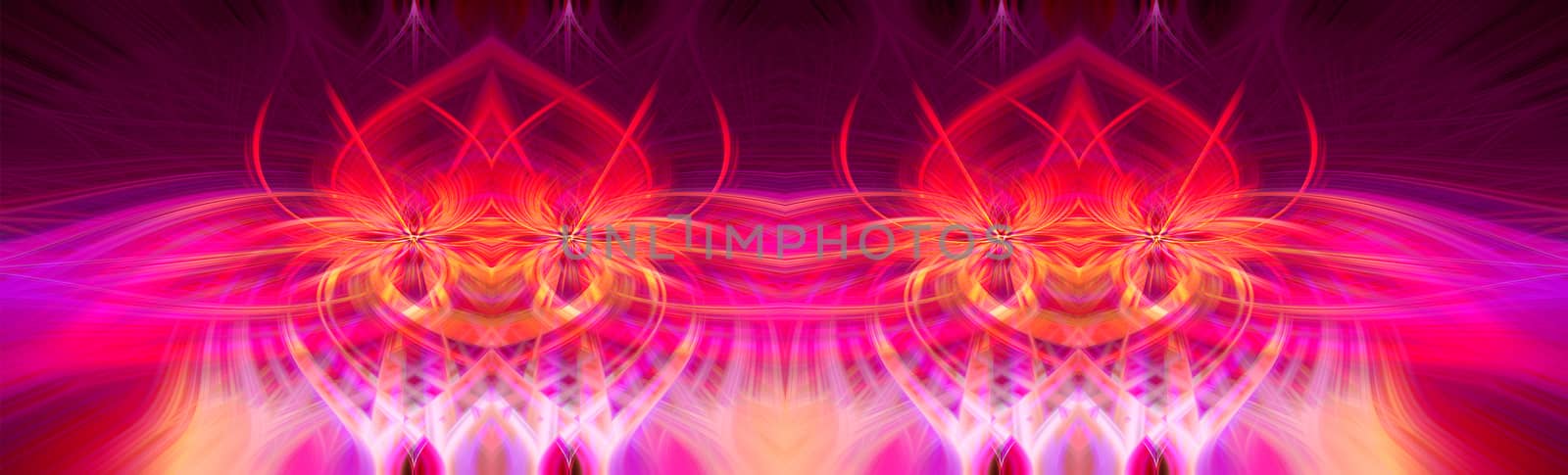 Beautiful abstract intertwined symmetrical 3d fibers forming a shape of sparkle, flame, flower, interlinked hearts. Pink, blue, maroon, orange, and purple colors. Illustration. Banner, panorama size
