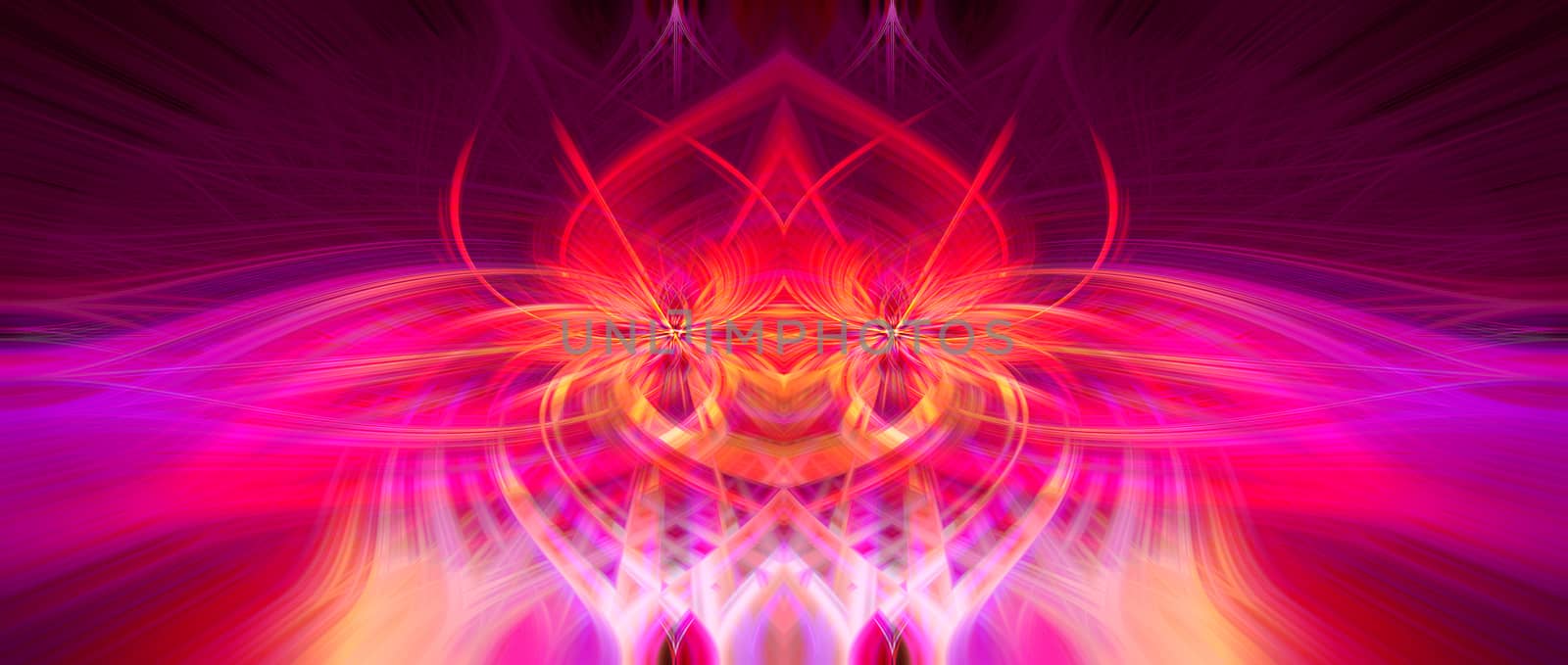 Beautiful abstract intertwined symmetrical 3d fibers forming a shape of sparkle, flame, flower, interlinked hearts. Pink, blue, maroon, orange, and purple colors. Illustration.