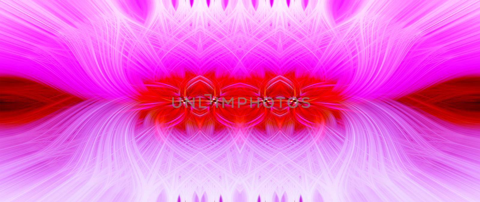 Beautiful abstract intertwined symmetrical 3d fibers forming a shape of sparkle, flame, flower, interlinked hearts. Pink, red, maroon, and purple colors. Illustration. Banner and panorama size.