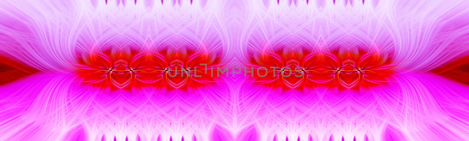 Beautiful abstract intertwined symmetrical 3d fibers forming a shape of sparkle, flame, flower, interlinked hearts. Pink, red, maroon, and purple colors. Illustration. Banner and panorama size