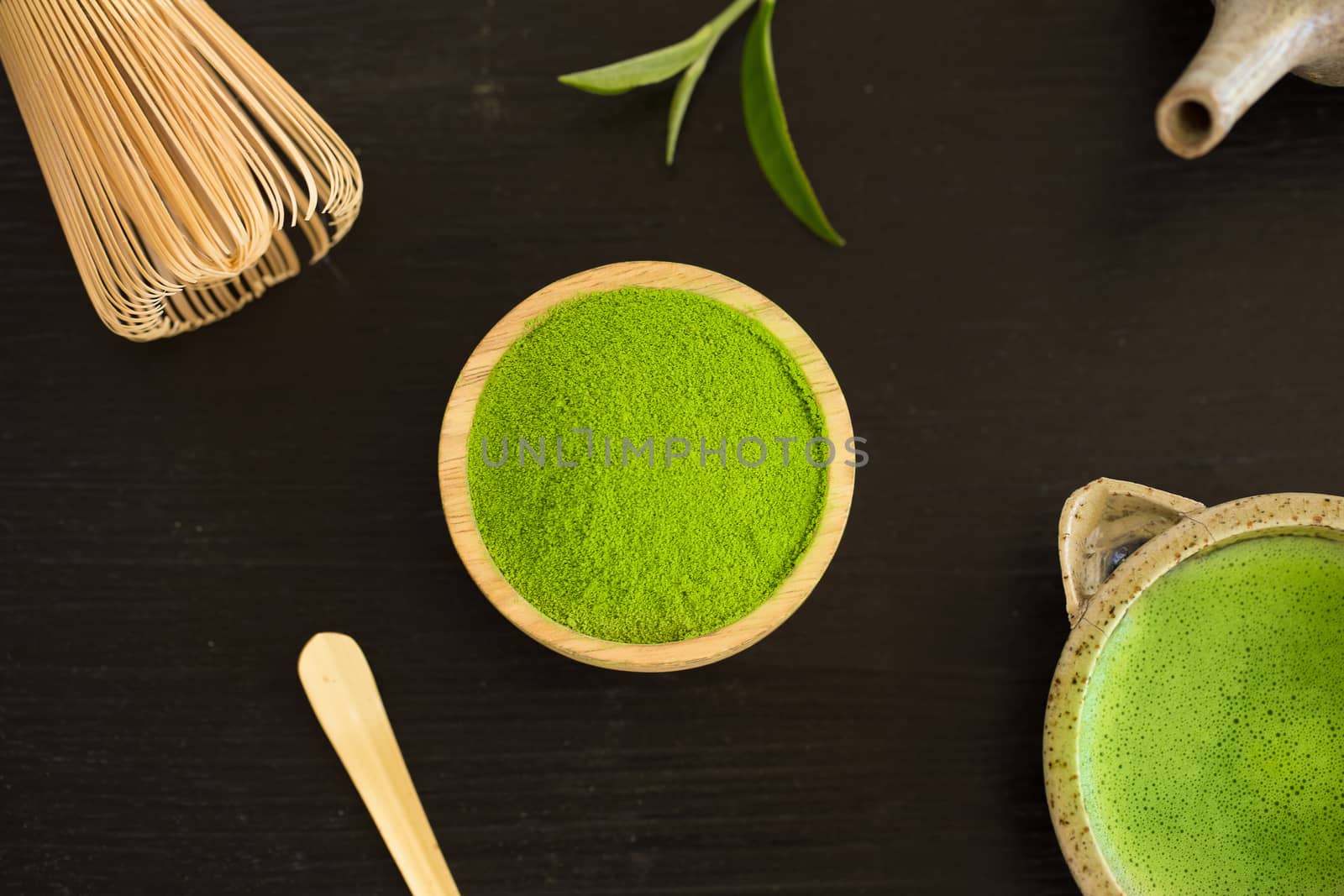 Set of matcha powder bowl wooden spoon and whisk green tea leaf  by kaiskynet