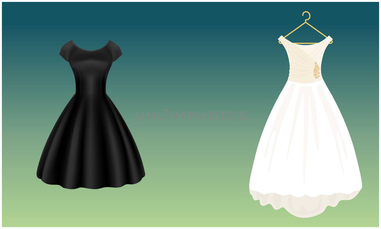 mock up illustration of white and black wedding dress on abstract background