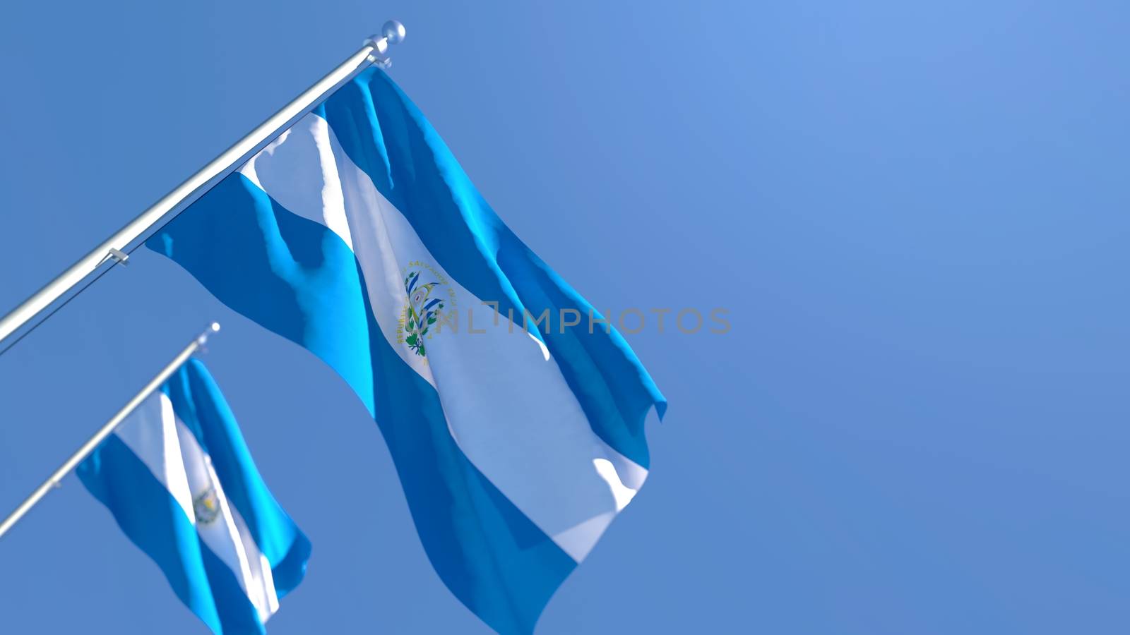 3D rendering of the national flag of Salvador waving in the wind against a blue sky