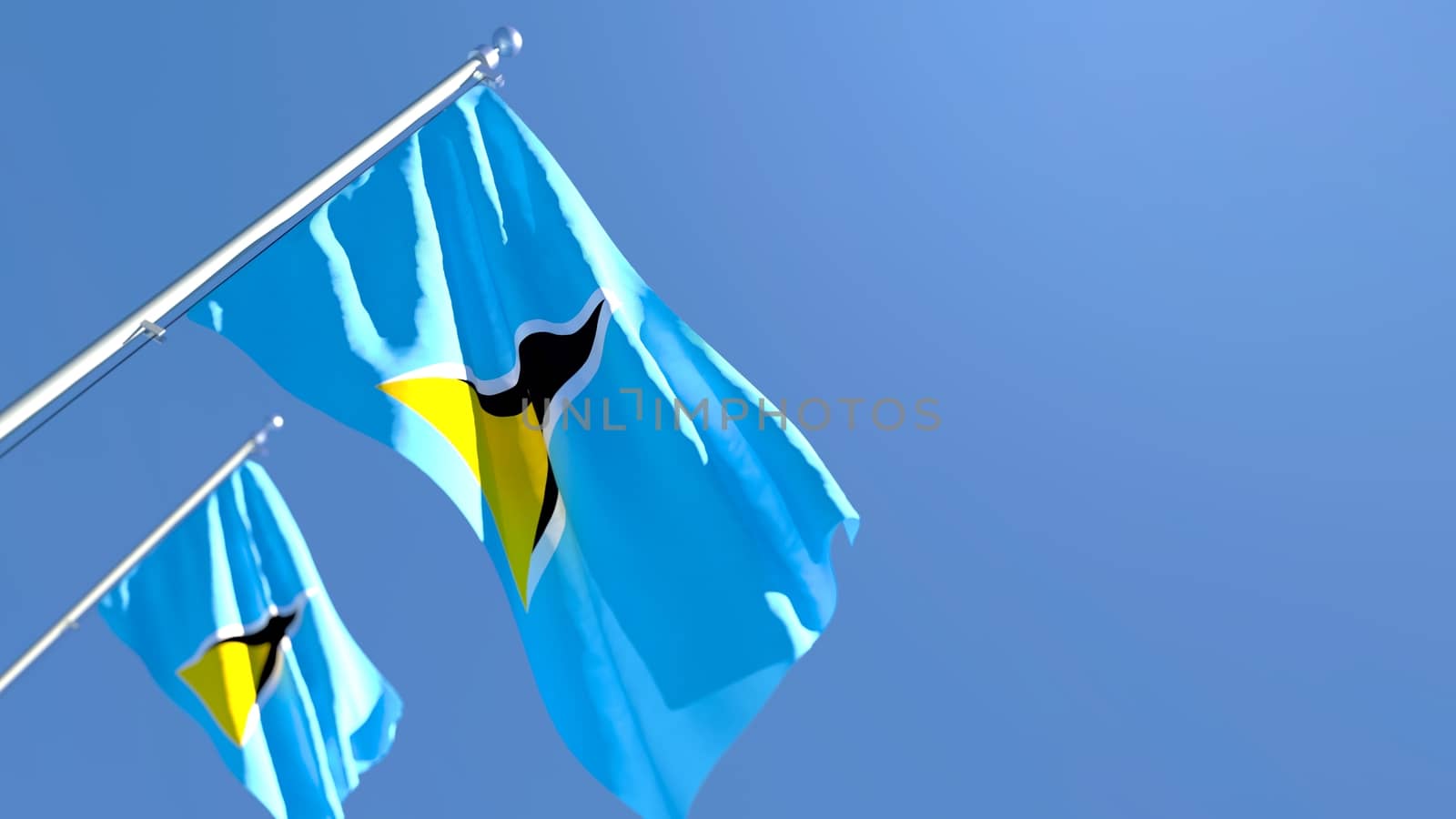 3D rendering of the national flag of Saint Lucia waving in the wind against a blue sky