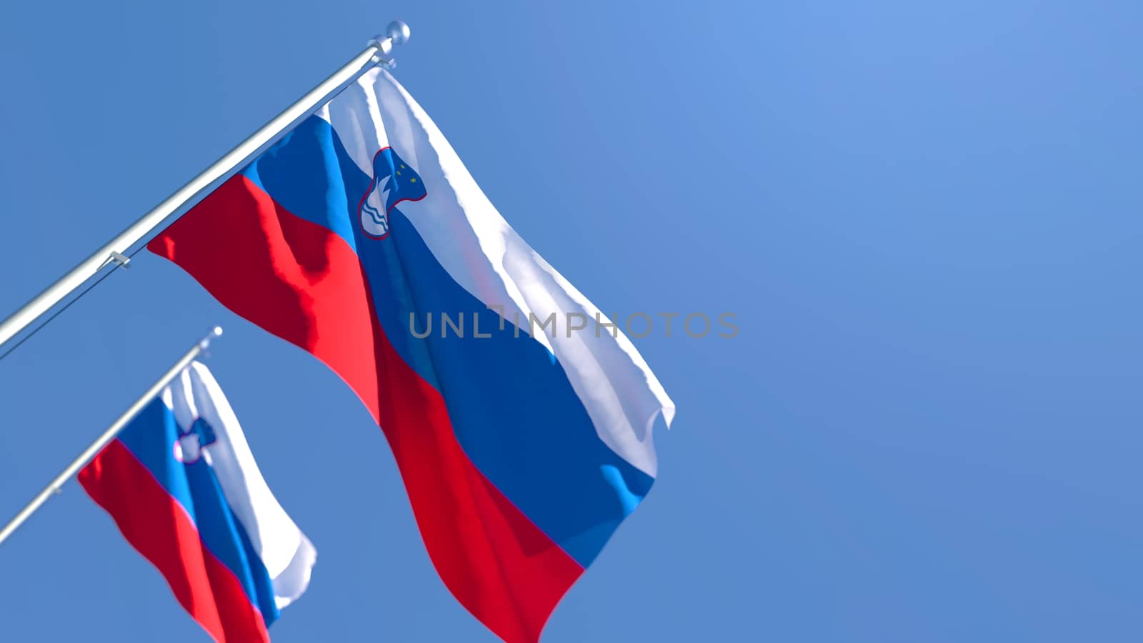 3D rendering of the national flag of Slovenia waving in the wind against a blue sky