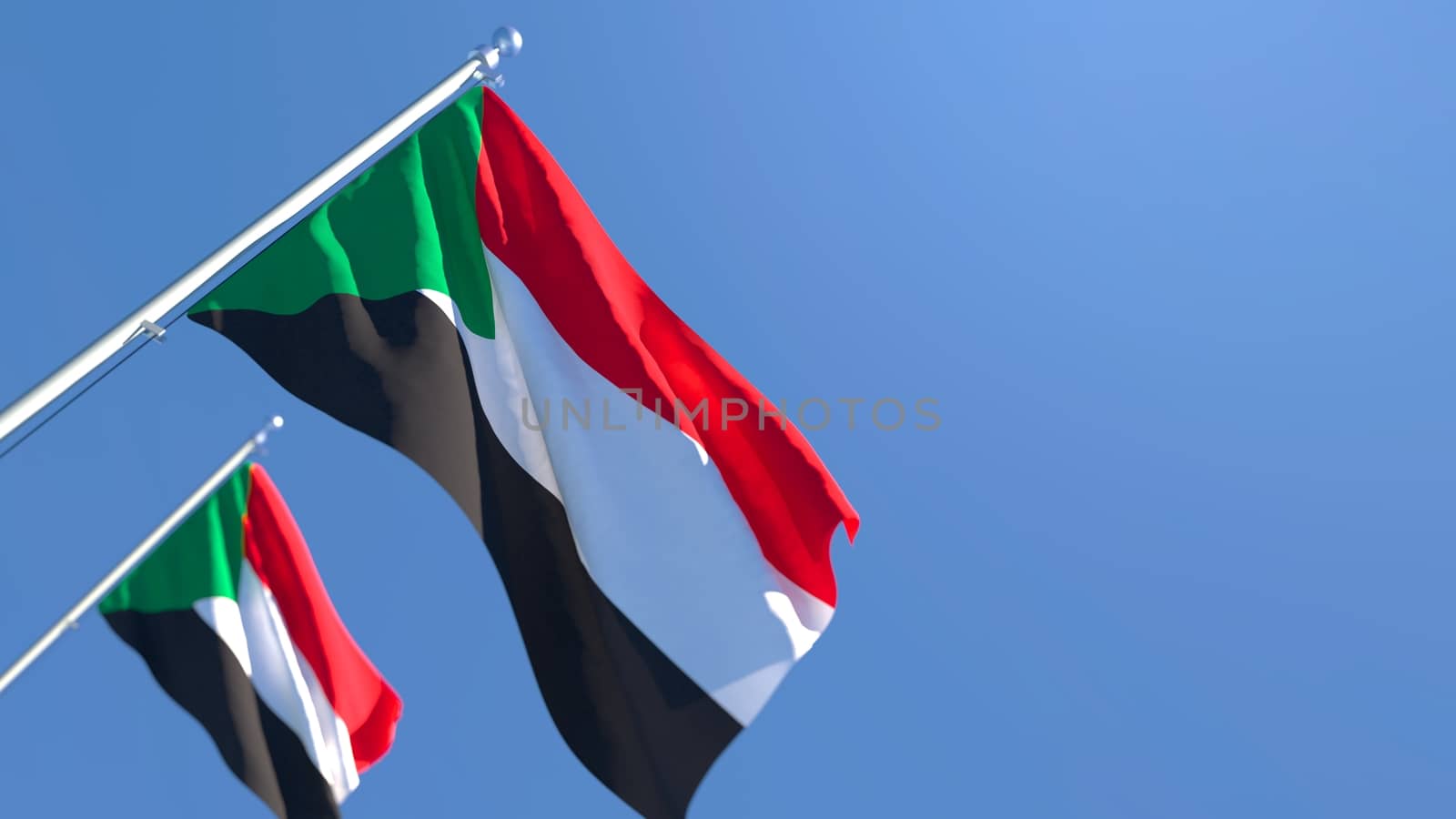 3D rendering of the national flag of Sudan waving in the wind against a blue sky