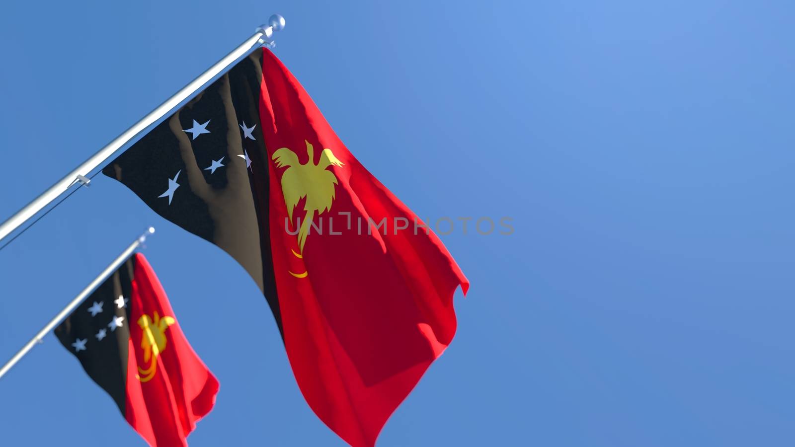 3D rendering of the national flag of Papua new Guinea waving in the wind against a blue sky