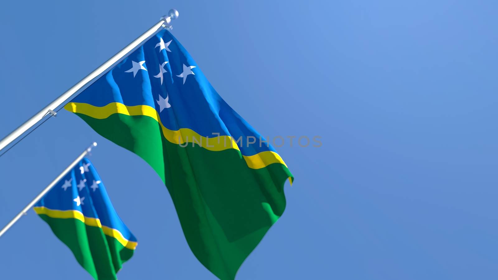 3D rendering of the national flag of Solomon Islands waving in the wind against a blue sky