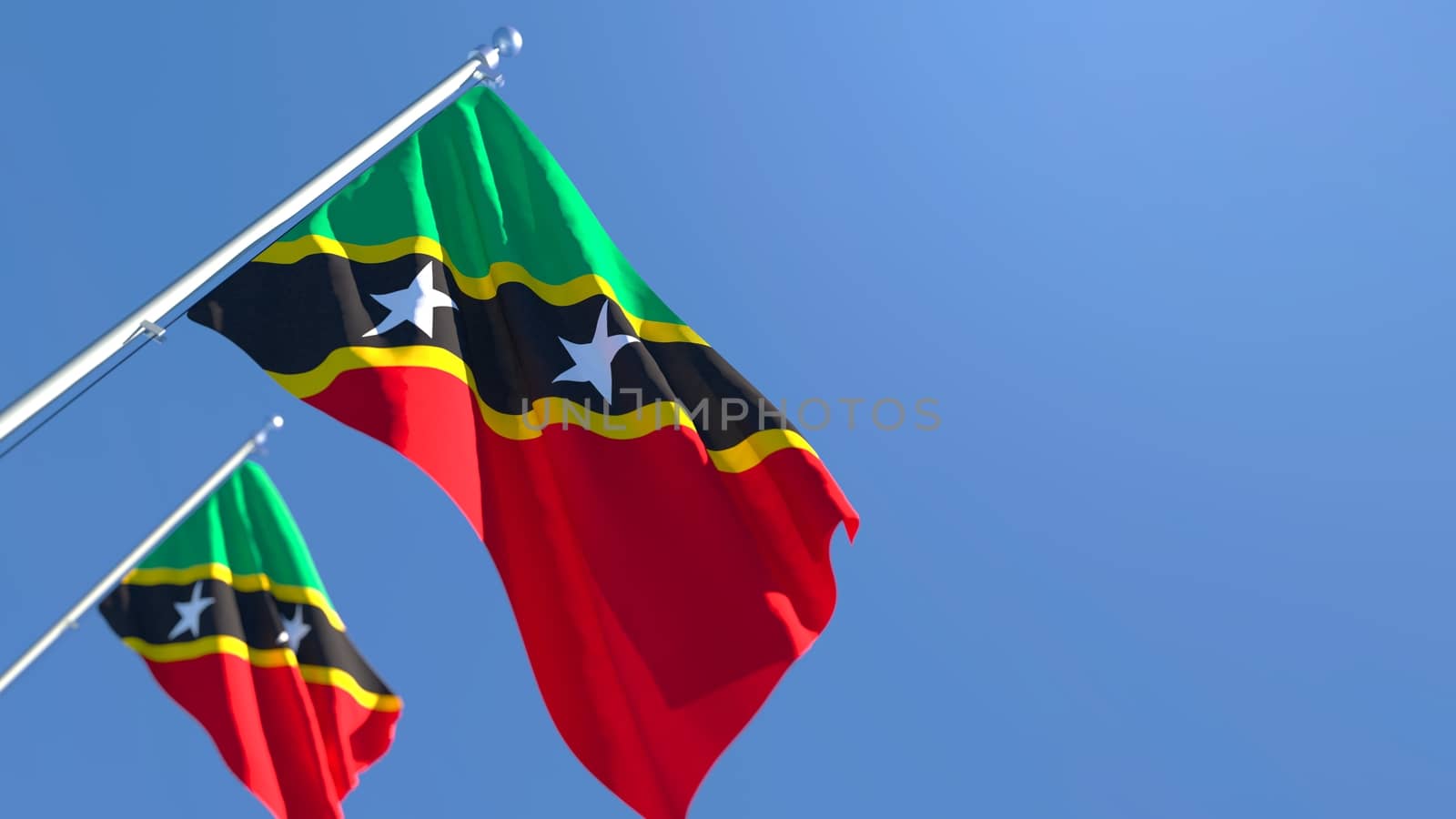 3D rendering of the national flag of Saint Kitts and Nevis waving in the wind against a blue sky