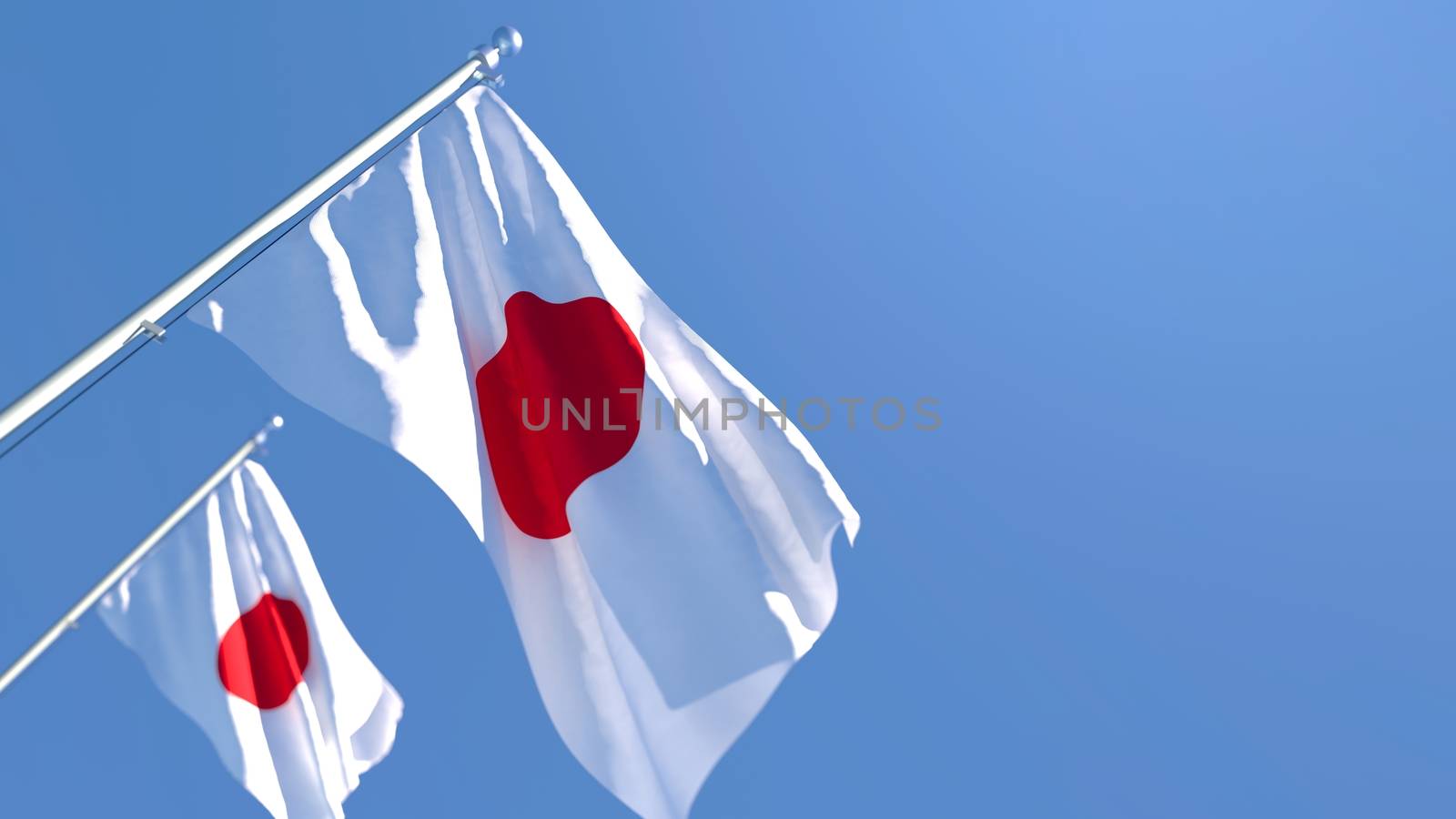 3D rendering of the national flag of Japan waving in the wind against a blue sky