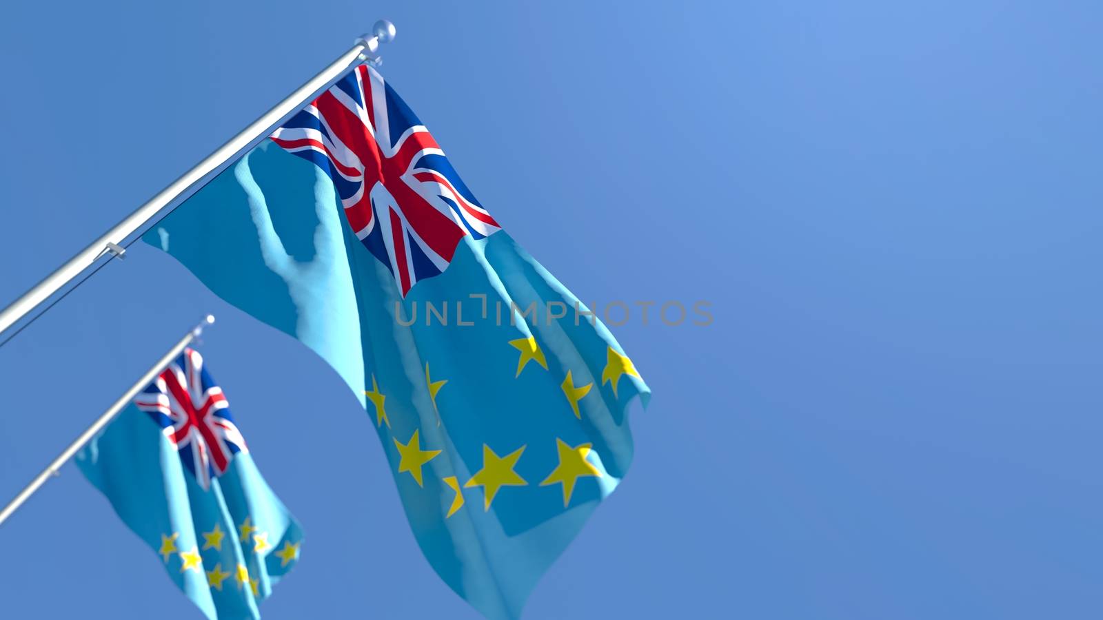 3D rendering of the national flag of Tuvalu waving in the wind against a blue sky