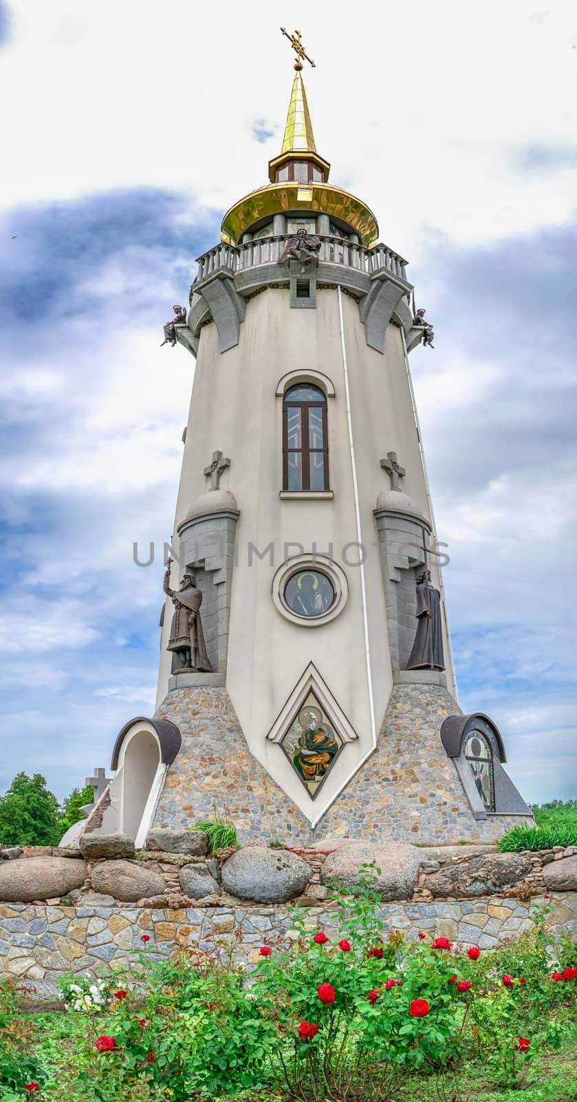 Buki, Ukraine 06.20.2020. Temple Complex with landscape Park in Buki, Ukraine, on a cloudy summer day